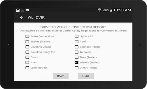 Driver vehicle inspection report checklist on a tablet